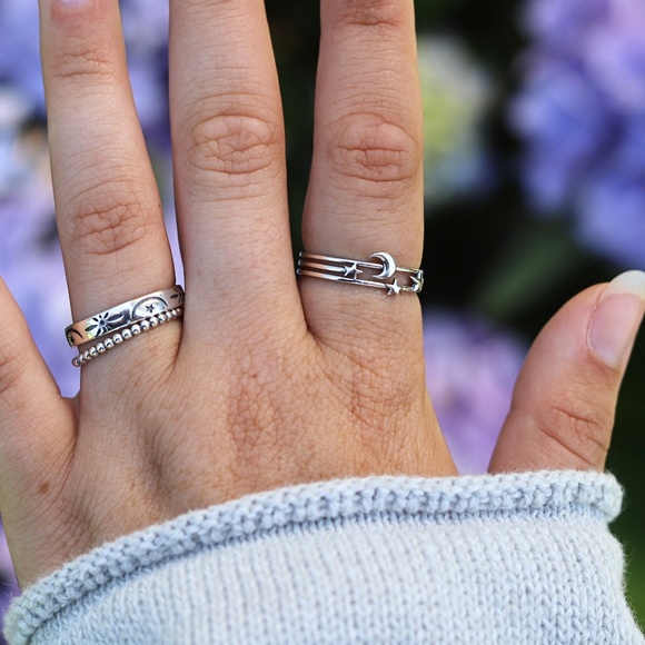 925 Sterling Silver Layered Moon and Stars Ring - Picture 9 of 10